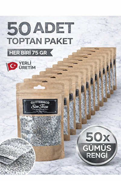 GlitterDeco Sim Tozu 75 gr x 50 Adet Toptan Paket Gümüş iri Taneli Hobi Epoks...