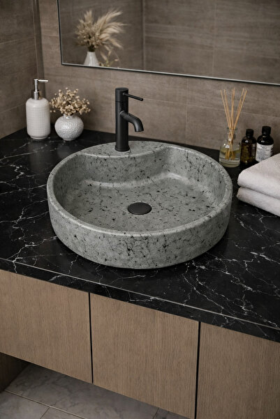 Taş Atölyesi Mermer Desenli Tezgah Üstü Yuvarlak Çanak Taş Lavabo 45 cm Muslu...