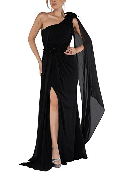 Arden Uzun Abiye, Şifon Tek Omuz Yırtmaçlı Drapeli Nişan, Mezuniyet, Nişan El...