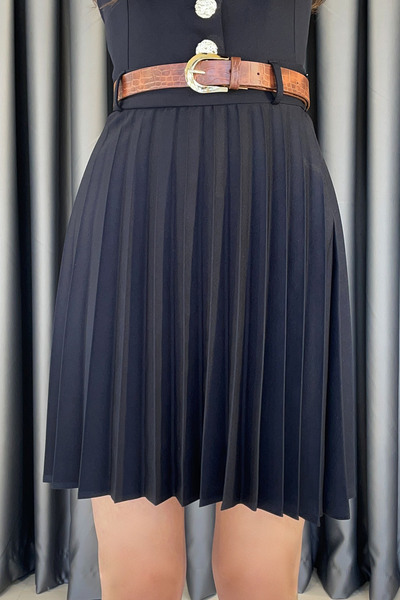 Gökkuşağı Belted Pleated Skirt-Black Black