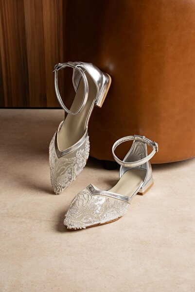 BeBeQ Store Nelly Silver Patterned Satin Bead Detailed Flat Sole Women's Ball...