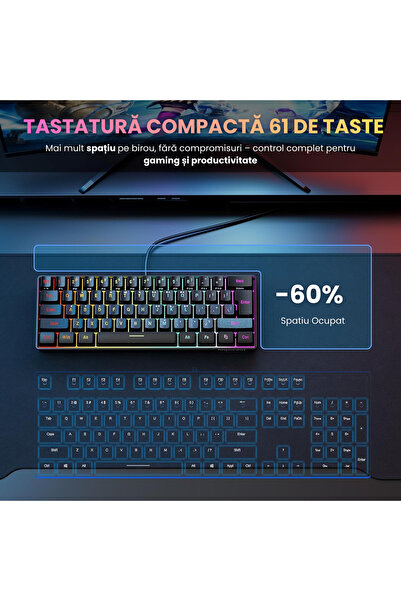 NEOSOR Tastatura Gaming 60%cu Fir, 61 Iluminare RGB, N-Key Rollover,Taste Double-Shot, Functii Multimedia