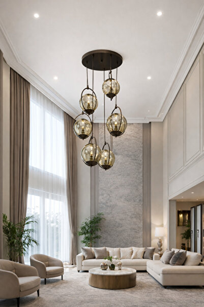 TREND KAFKAS – Royal 6’lı halkalı füme glop cam Sarkıt Avize