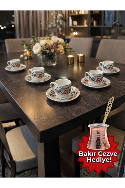 AiroBazar 6-Person Coffee Cup Set – Topkapi Patterned Porcelain Cup with Copp...