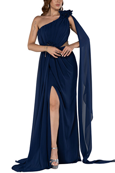 Arden Uzun Abiye, Şifon Tek Omuz Yırtmaçlı Drapeli Nişan, Mezuniyet, Nişan El...