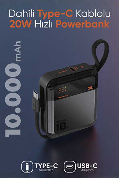 Enshall PRIME 10.000 mAh Mini Type-C kablolu 20W Hızlı Şarj Fultech LCD Ekran...