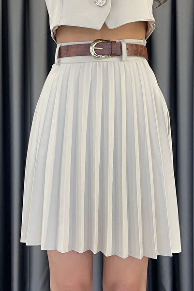 Gökkuşağı Belted Pleated Skirt-Beige Beige