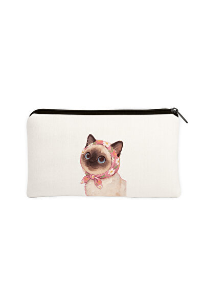 Hayali Şeyler Çiçekli Fularlı Kedi Desenli Kalemlik & Makyaj Çantası – Çok Am...