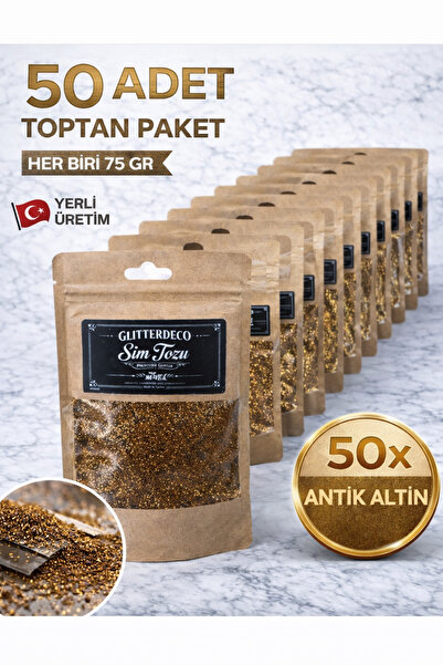 Glitter Sim Tozu 75 gr x 50 Adet Toptan Paket | Antik Altın Bronz İnce Hobi E...