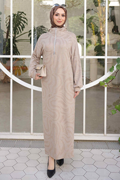 İmajButik Stone Half-Zipper Ribbed Patterned Dress