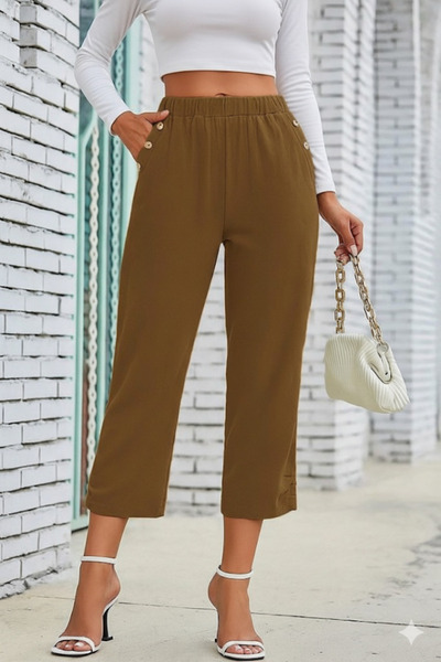 Kanonik Education Women's Elastic Waist Button and Pocket Detailed Capri Impo...