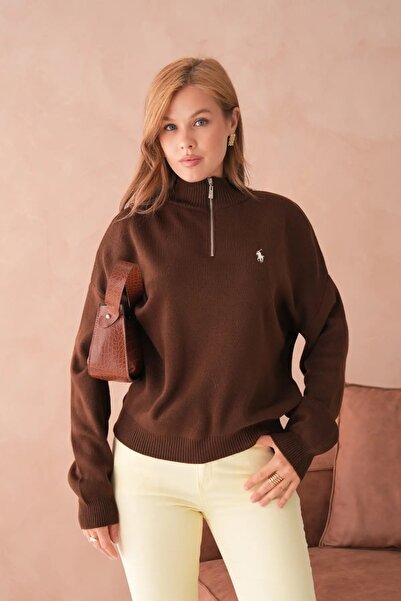 Park Karon Women's Stand Collar Half Zipper Soft Textured Knitwear Sweater 10536