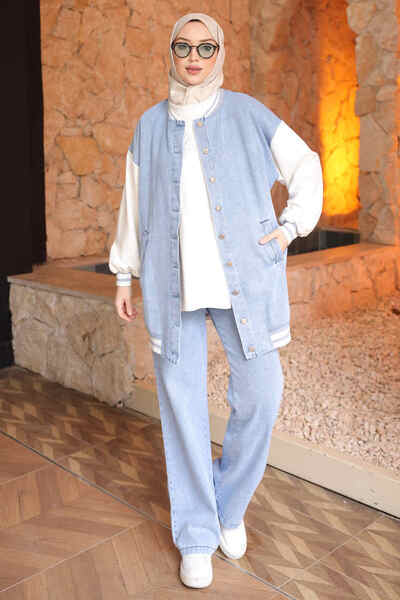 İmajButik Blue Zero Sleeve Blouse Jacket and Trousers 3-Piece Denim Set