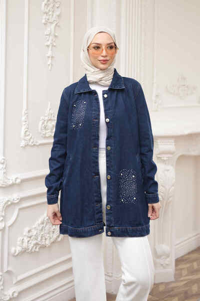 İmajButik Navy Blue Stone Pocket Denim Jacket