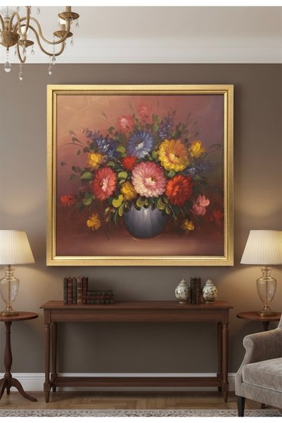 PINALE ART Saksıda Çiçekler Tamamı El Yapımı Duvar Dekorasyon Yağlıboya Tablo...