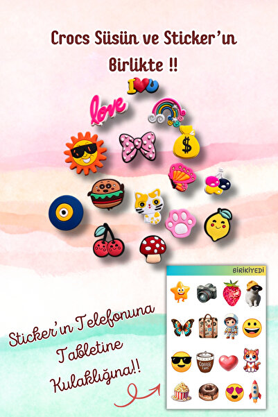 Crocs 15' Li Set Jibbitz Terlik Süsü Mantar,Pati,Kedi,Limon,Hamburger