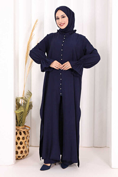 Bym Fashion Hac Umre Takım Önü Düğmeli Tunik,Pantolon ŞAL HEDİYE 8014 Lacivert