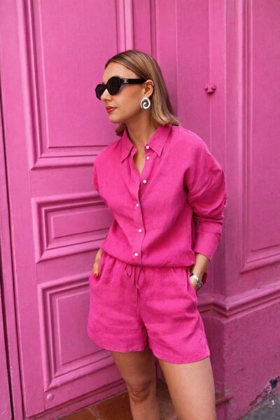 Femella Women Fashion Women's Long Sleeve Loose Shirt and Shorts Linen Two-Pi...