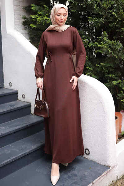 İmajButik Brown Crew Neck Dress with Elastic Waist and Sleeves