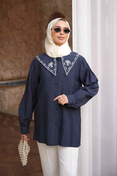 İmajButik Navy Blue Nfc-5345 Collar Embroidered Buttoned Shirt