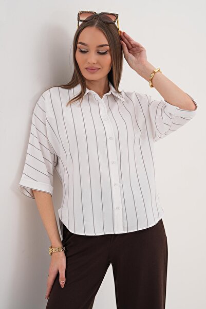 ŞİMAL Women's Stripe Patterned Elbow Sleeve Shirt 260302 -