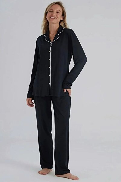 Eros Pijama 100% Cotton Piping Front Buttoned Shirt Women's Pajama Set Long S...