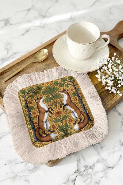 Evimde Bambaşka مناديل فاخرة بتصميم ثعلب عتيق الطراز مع شراشيب للتقديم الجانب...