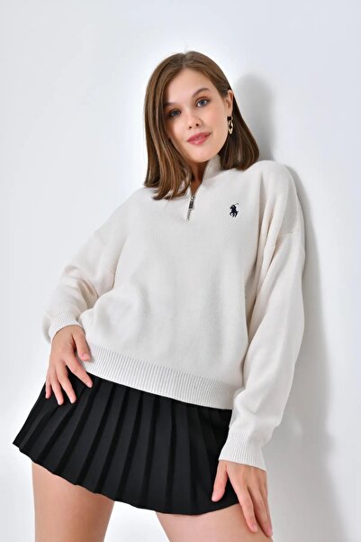 Park Karon Women's Stand Collar Half Zipper Soft Textured Knitwear Sweater 10536