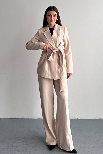 AKD Atelier Women's Jacket Pants Set Waist Tie Detailed Blazer Jacket Wide Le...