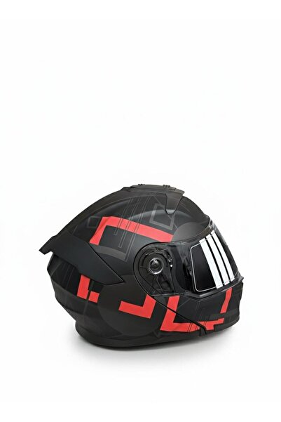 Casque Mat Siyah Kırmızı Grafik Desenli Çene Açılır Motosiklet Kaskı Ece Belgeli