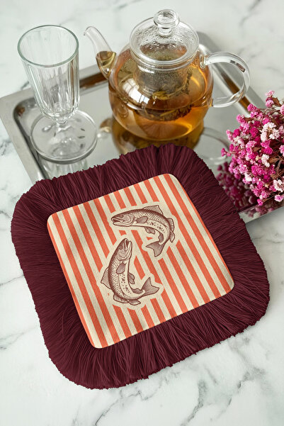 Evimde Bambaşka منديل زينة بتصميم سمكة عتيق مع شراشيب - منديل مزخرف بخطوط ريف...