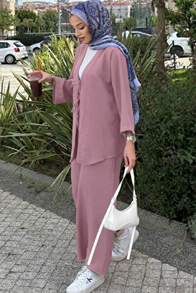 Tesettür Diyarı Σετ Κιμονό με Λεπτομέρεια Δεσίματος - Αποξηραμένο Τριαντάφυλλο