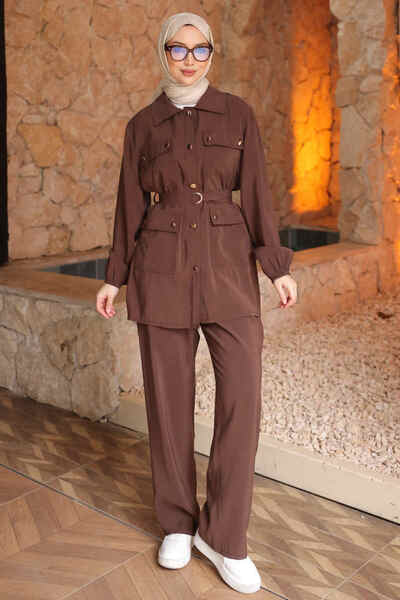 İmajButik Brown Belted Tunic and Trousers Modal Set
