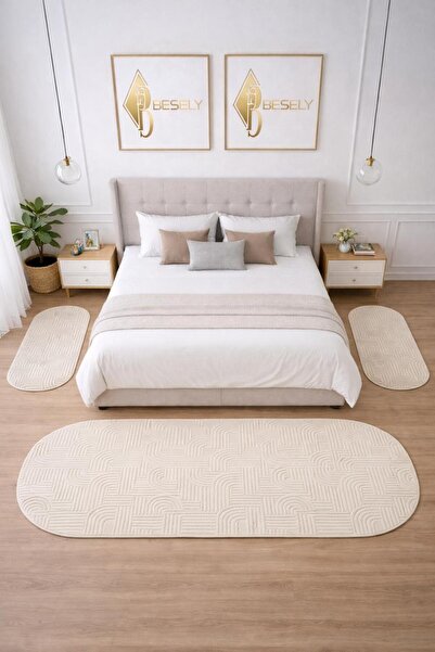 BESELY Krem Bohem Oval Yatak Odası Halısı 3lü Set Oymalı Kaymaz Taban Halı Ta...