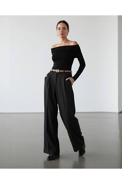 TrendParis Pantaloni Palazzo cu talie înaltă, cu dungi și picior larg