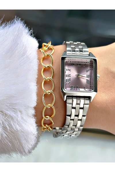 Tisaati ساعة يد نسائية من سلسلة بريميوم بتصميم مربع خاص ورقم روماني وسوار معد...