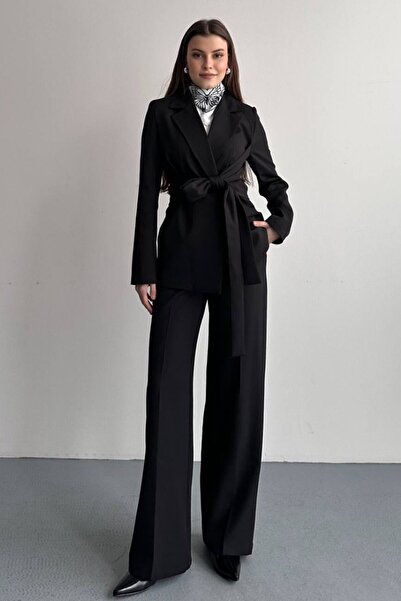 AKD Atelier Women's Jacket Pants Set Waist Tie Detailed Blazer Jacket Wide Le...