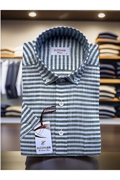 elitpark Yan Çizgili Yeşil Pamuklu Erkek Gömlek