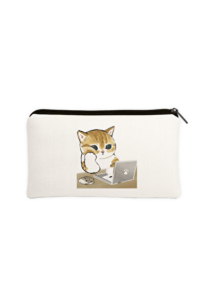 Hayali Şeyler Laptoplu Çalışkan Kedi Desenli Kalemlik & Makyaj Çantası – Çok ...