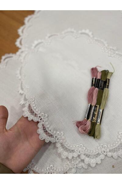 DUYGU KUMAŞ Beyaz Perla Fransız Güpür Detaylı Oval Oda Takımı Seti