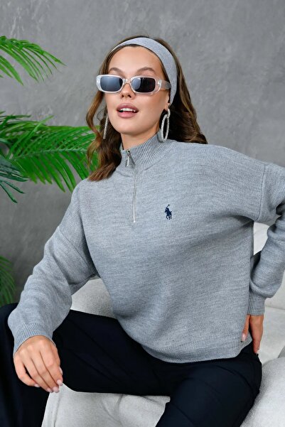 Park Karon Women's Stand Collar Half Zipper Soft Textured Knitwear Sweater 10536