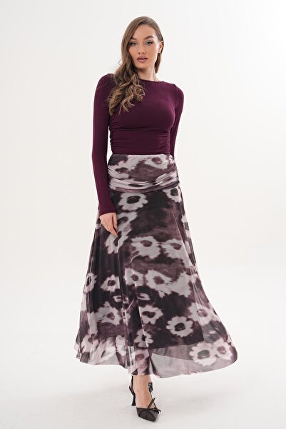 ŞİMAL Жіноча довга атласна спідниця з драпіруванням та візерунком 260296 -