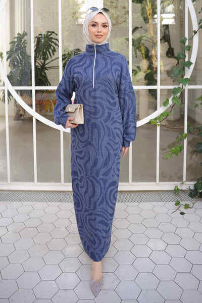 İmajButik Navy Blue Half-Zip Ribbed Patterned Dress