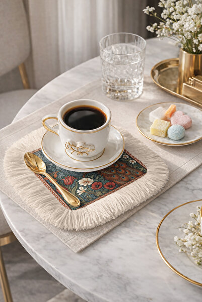 Evimde Bambaşka منديل تقديم أنيق بنمط الطاووس مع حواف مزخرفة - منديل أخضر فيك...