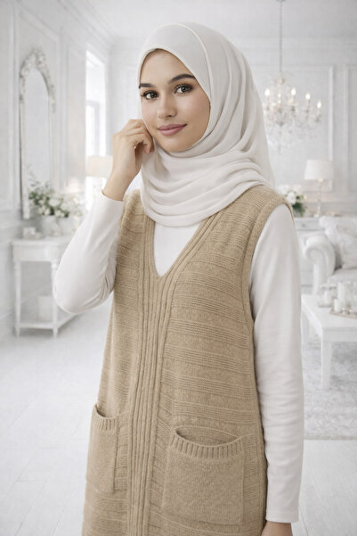 TRQOM Women's Knitwear Salopet Vest Mink Long Hijab Sleeveless V-Neck Pockete...