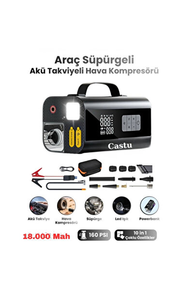 Bagajon Castu Jump Starter Süpürgeli Akü Takviye Cihazı 18.000MAH 10 in 1 Pow...