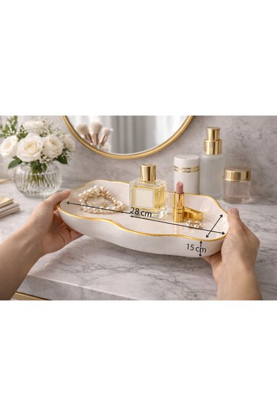Sabletscrafts Gold Edge Detailed Makeup Table Decoration Tray – Perfume & Jewelry Organizer |   Handmade Stone Powder Varnished