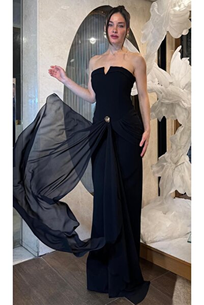 SpringStore Siyah Önü Şifon Detaylı Straplez Abiye