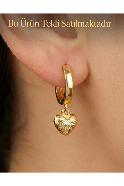 YCL JEWELLERY 14 Ayar (TEKLİ) Altın Kalp Küpe Desenli