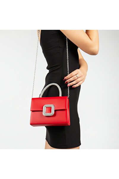 LİLLA Women's Stoned Satin Portfolio Red Evening Dress Bag